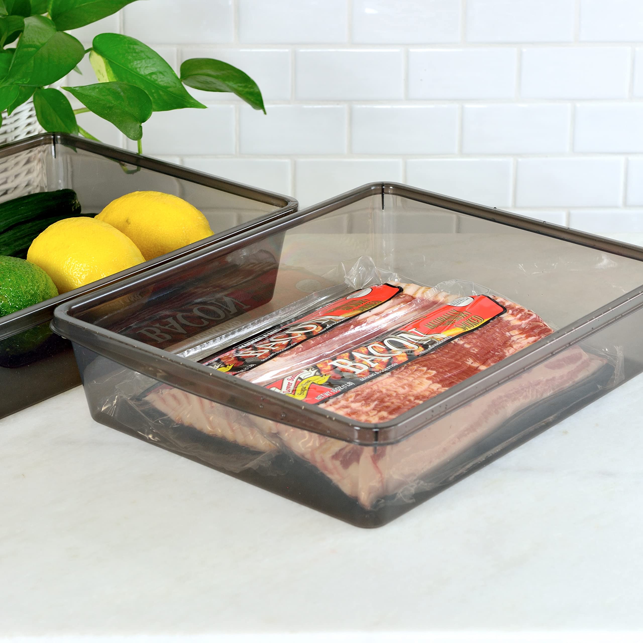 Youngever containers in fridge organizing bacon and meat for space-saving benefit