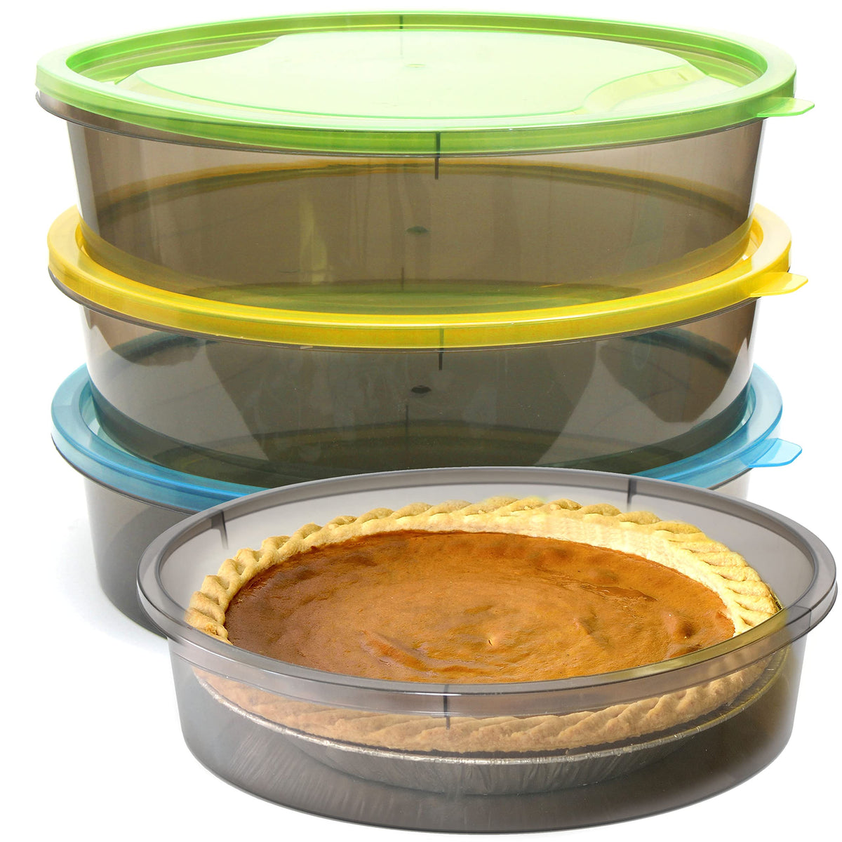 Youngever front view of three stacked pie containers showing colorful lids and clear base for neat storage