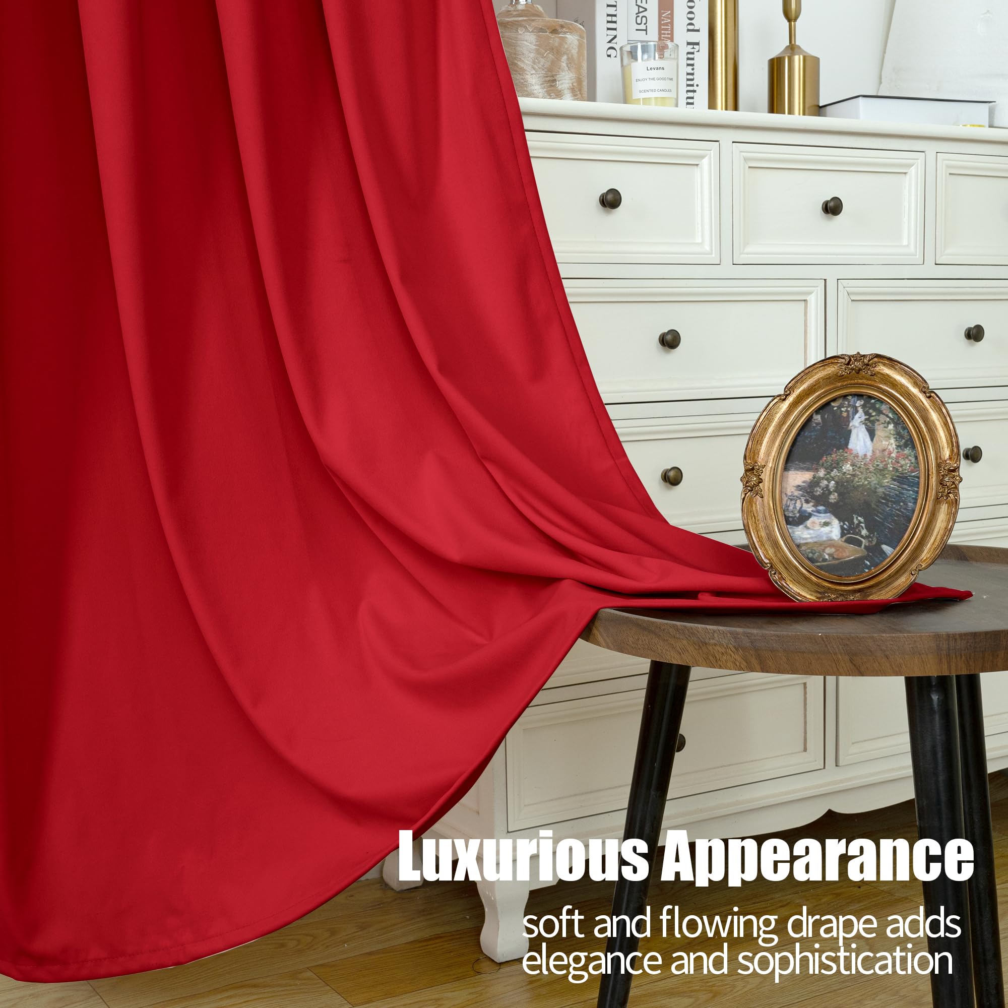 YoungsTex red curtains styled in living room adding cozy, upscale atmosphere