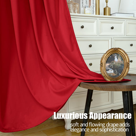 YoungsTex red curtains styled in living room adding cozy, upscale atmosphere