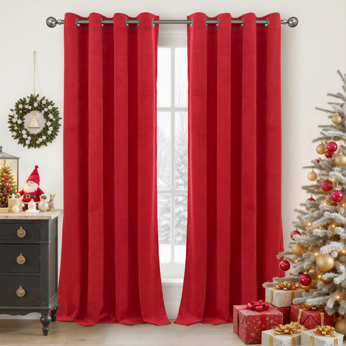 YoungsTex front view of red velvet curtains showing elegant drape and visual warmth