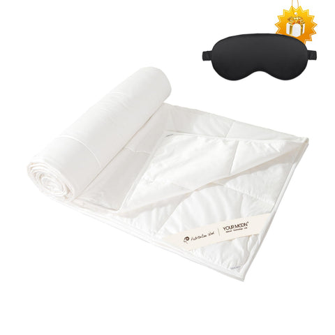 YOUR MOON front view of queen comforter on bed showing lightweight drape and cool look
