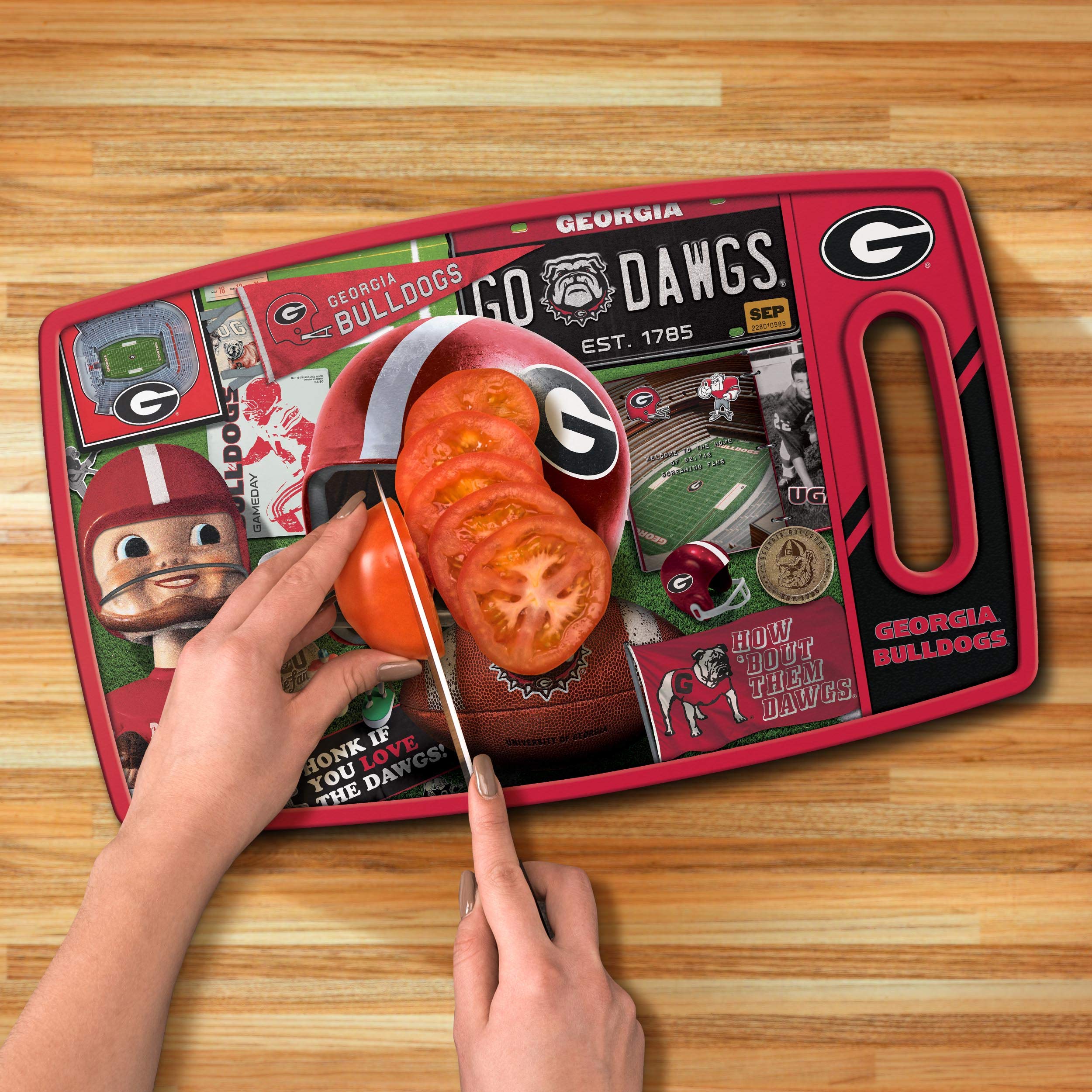 YouTheFan Georgia Bulldogs cutting board in use serving game day snacks