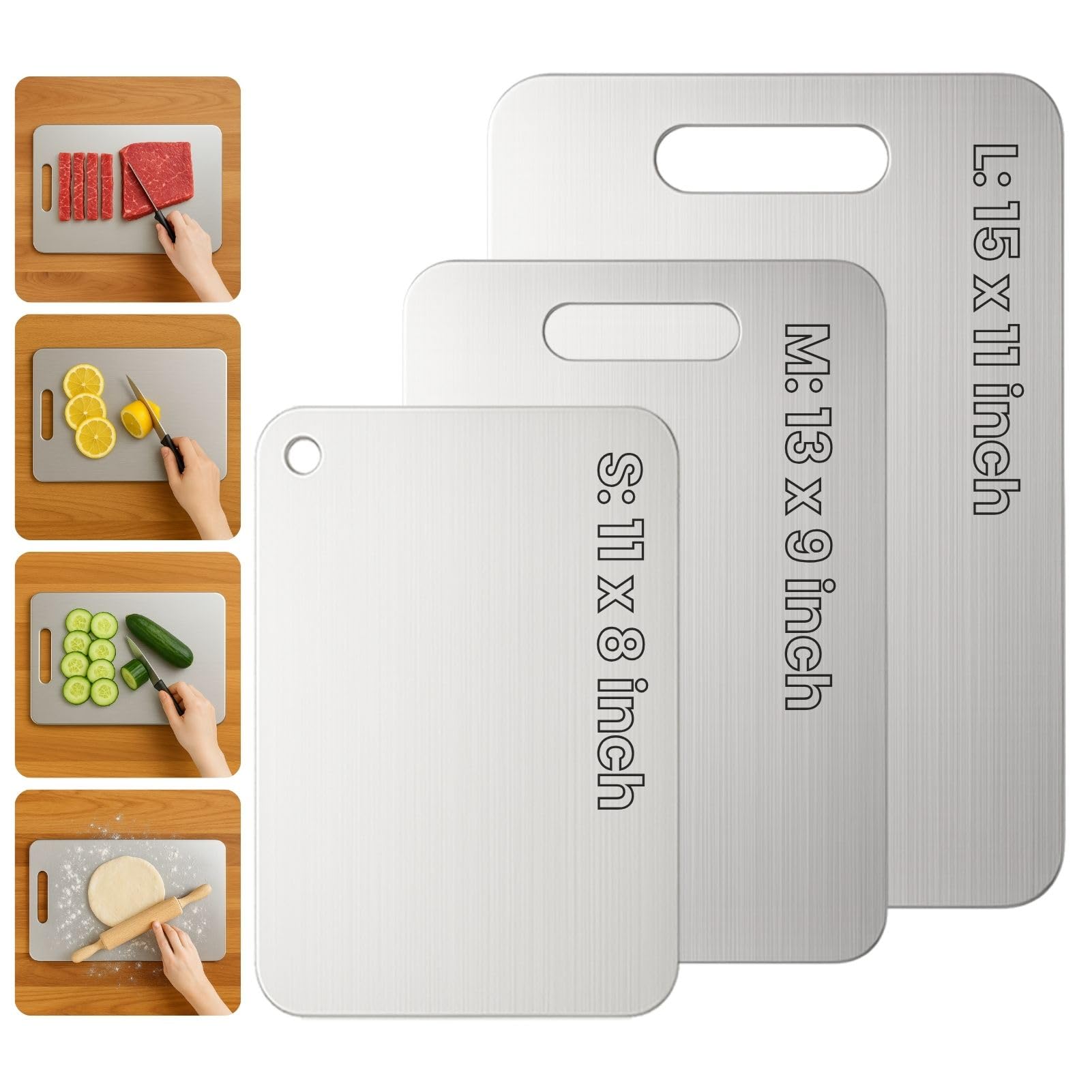 YoYoulee front view of three titanium cutting boards showing sizes and packaging, durable storage benefit
