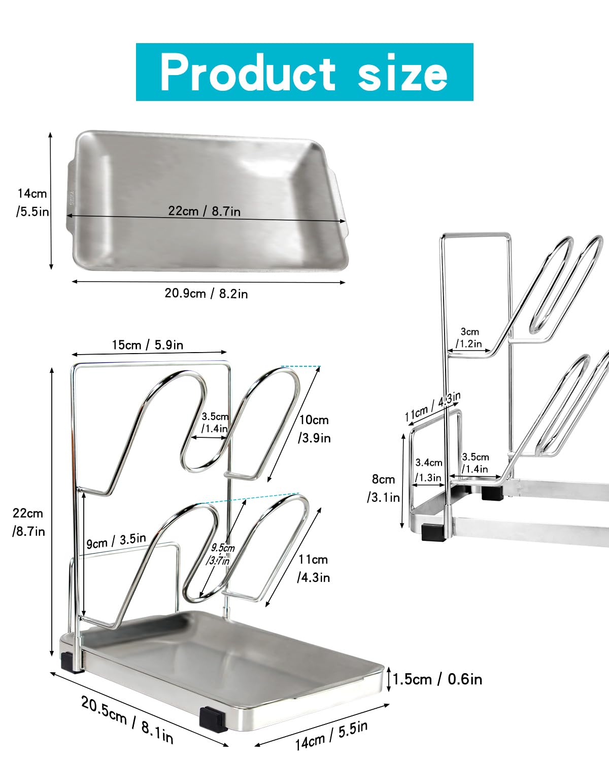 YQh rack in use on stovetop holding lids and spatulas to free counter space