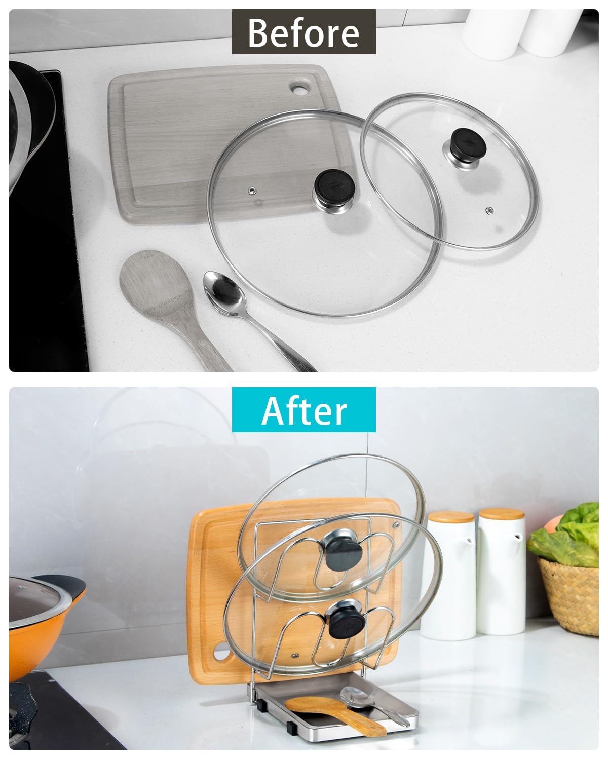 YQh pot lid holder staged in a modern kitchen showcasing tidy cooking area