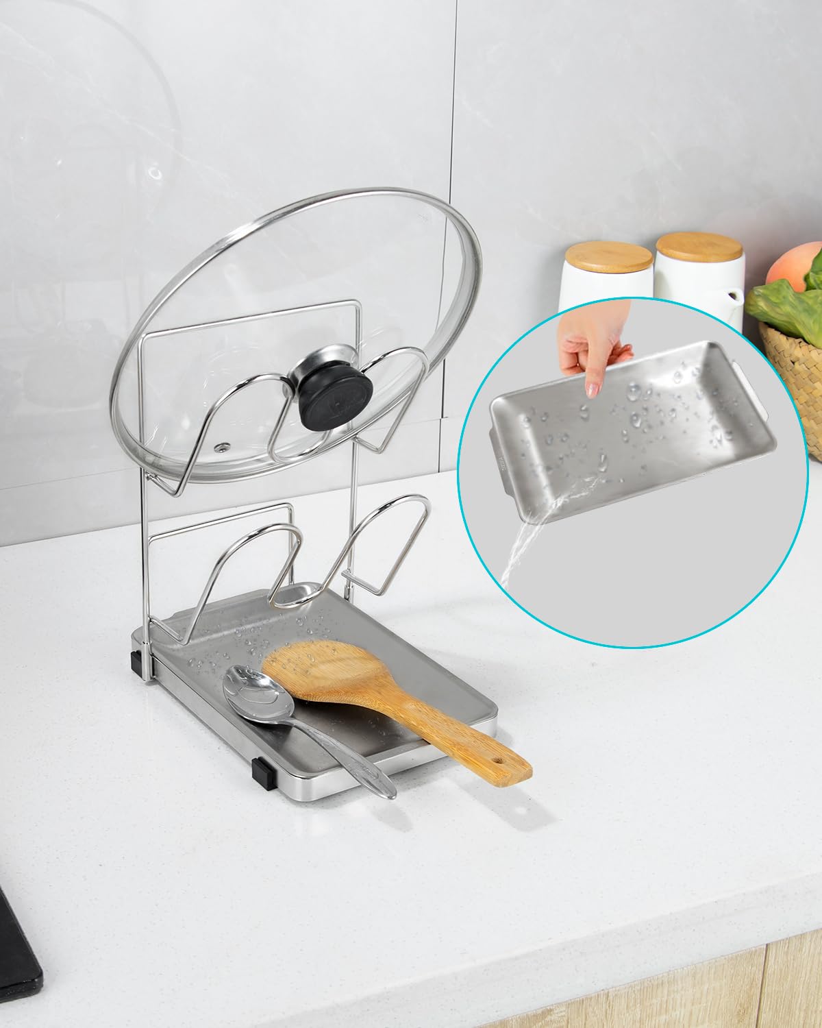 YQh holder next to cutting board for scale demonstrating compact footprint
