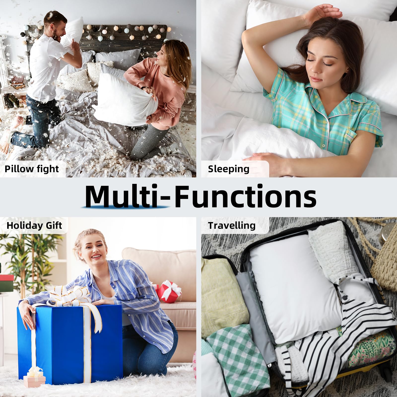 YSTHER pillows on bed and in tote illustrating portability and decorative styling