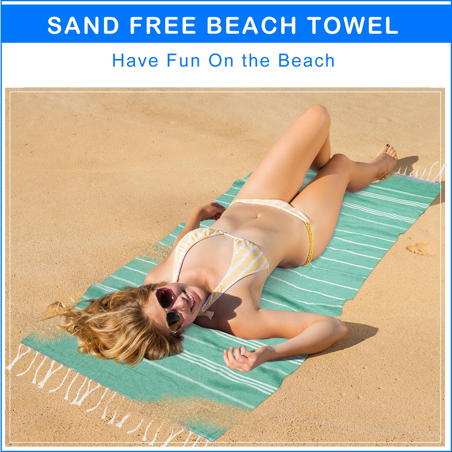 YSYJ towel next to sunglasses showing true 36x71 inch scale