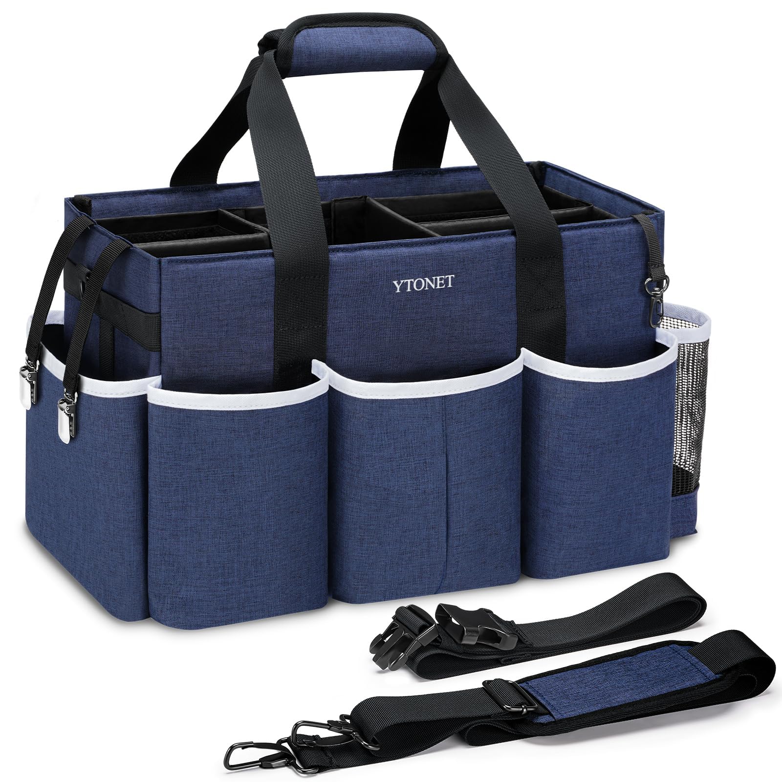 Ytonet front view of large blue cleaning caddy showing organized storage benefit