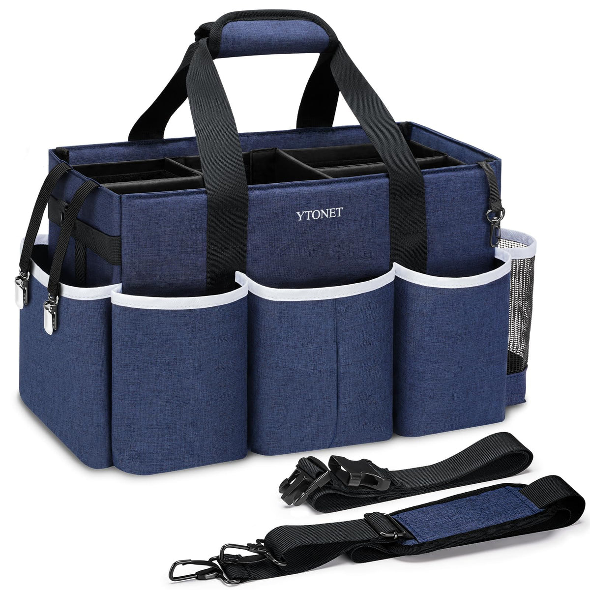 Ytonet front view of large blue cleaning caddy showing organized storage benefit