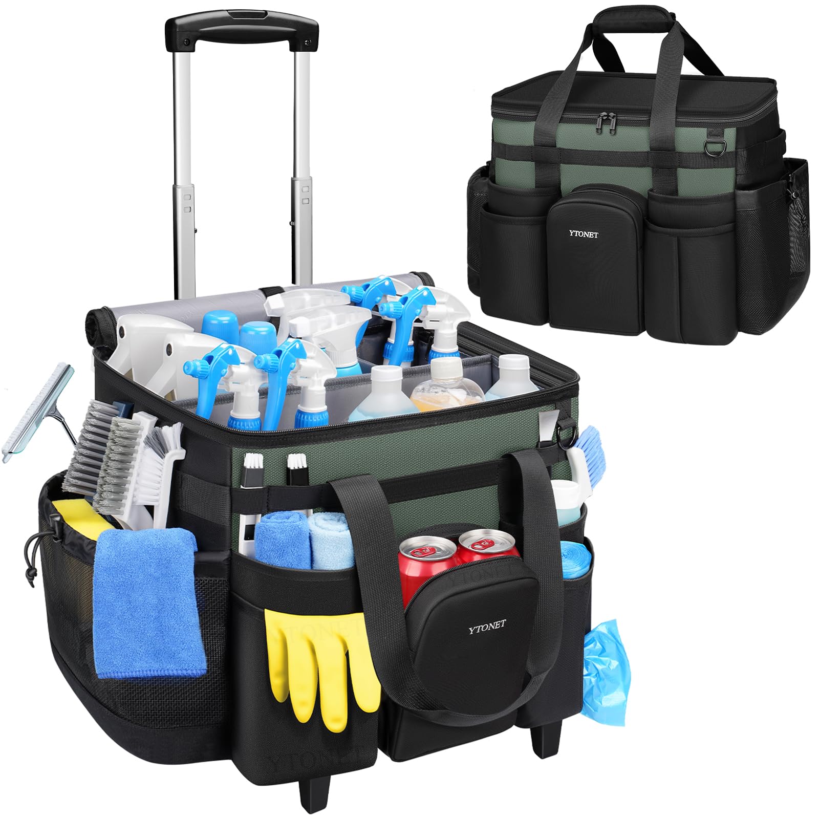 Ytonet front view of rolling cleaning caddy showing organized storage benefit
