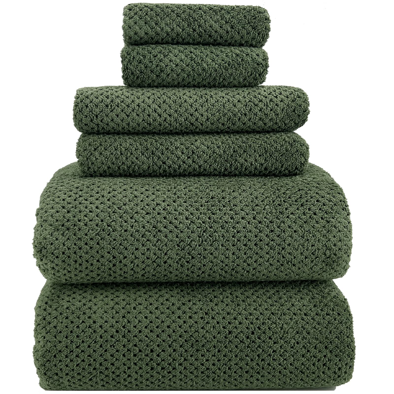 YTYC olive green front packaging showing full six-piece set and benefit of complete towels