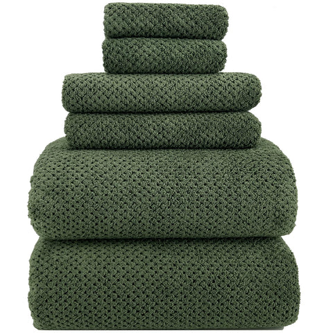 YTYC olive green front packaging showing full six-piece set and benefit of complete towels
