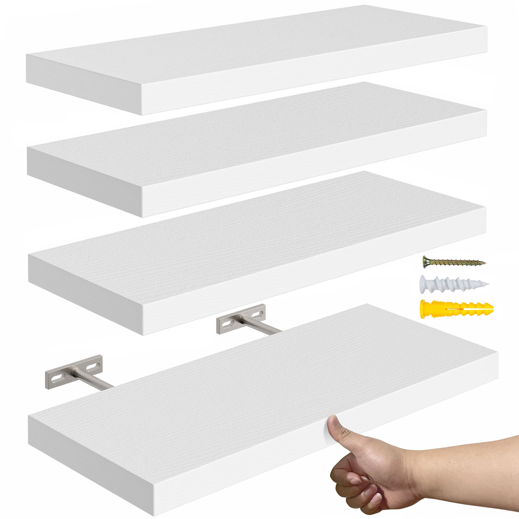 YUFLINX front view of four white floating shelves showing clean rustic finish and easy styling benefit