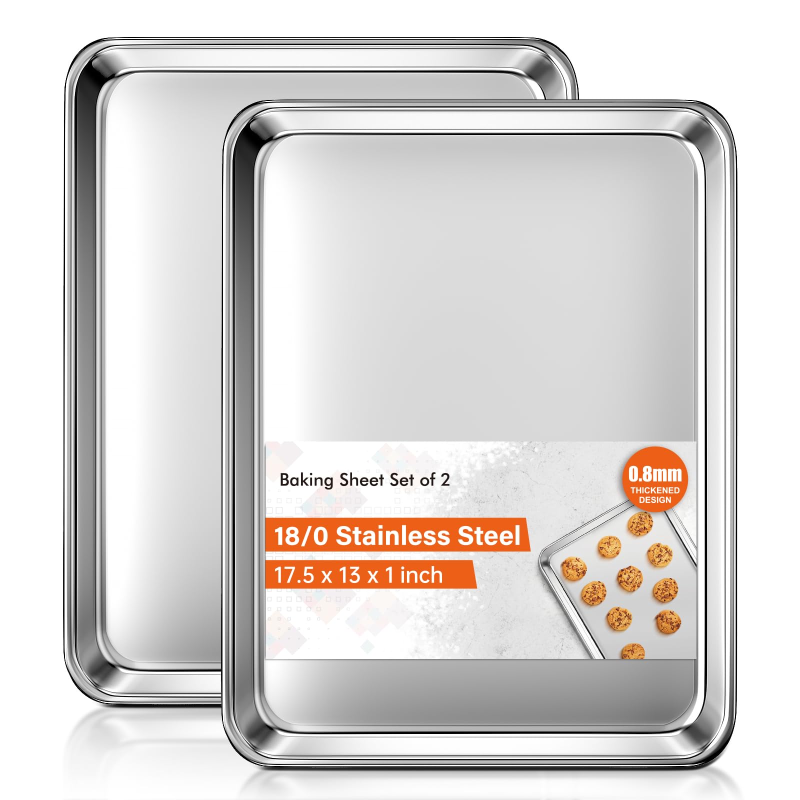 Yuiicaov front view of two baking sheets showing durable construction and ready-to-use benefit