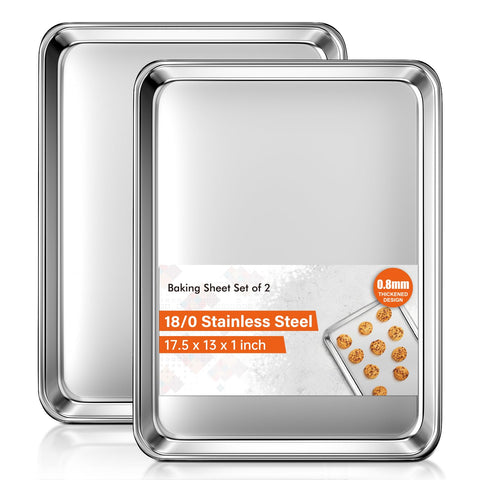 Yuiicaov front view of two baking sheets showing durable construction and ready-to-use benefit