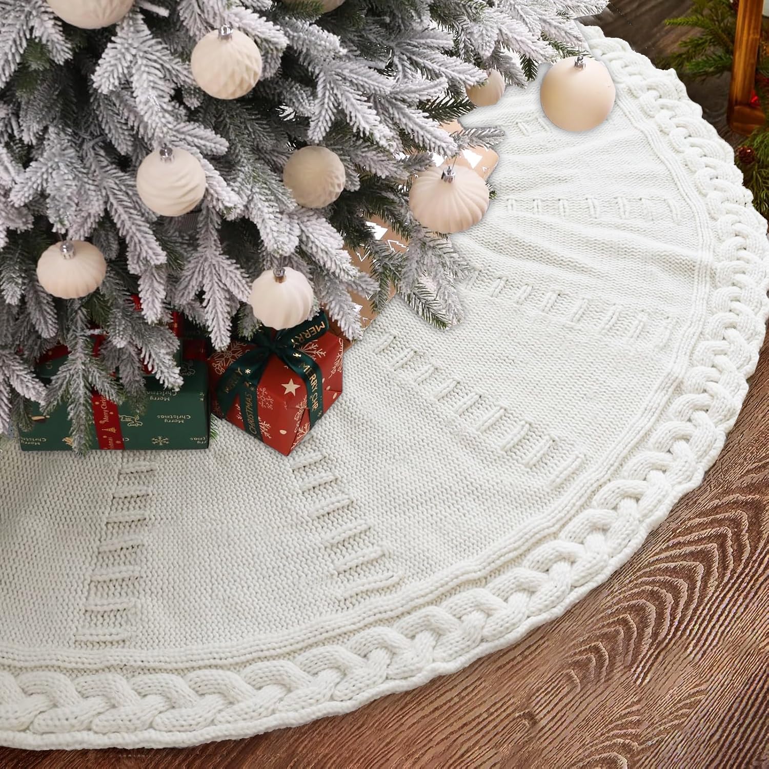 YUJUN front view of 36inch white tree skirt adding cozy farmhouse charm