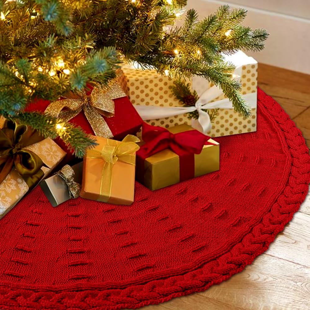 YUJUN front view of red 48-inch tree skirt showcasing full coverage and rustic charm