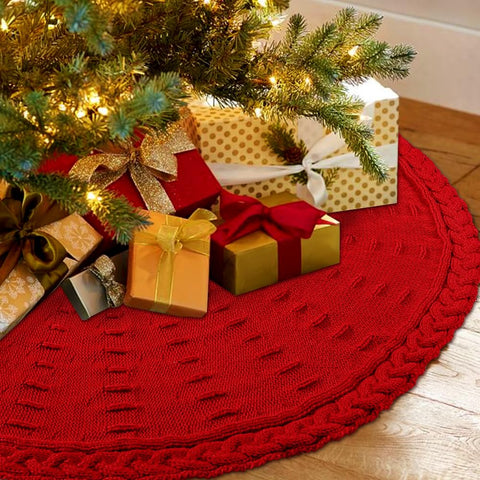 YUJUN front view of red 48-inch tree skirt showcasing full coverage and rustic charm