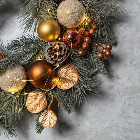 YULETIME foliage mix close-up with frosted spruce adding wintery detail