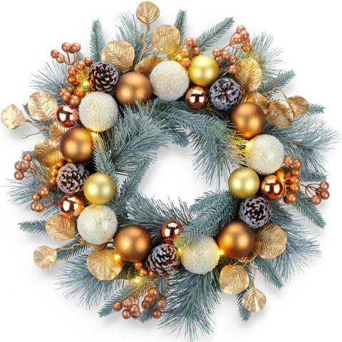 YULETIME front view wreath hung on door showing gold baubles and warm glow