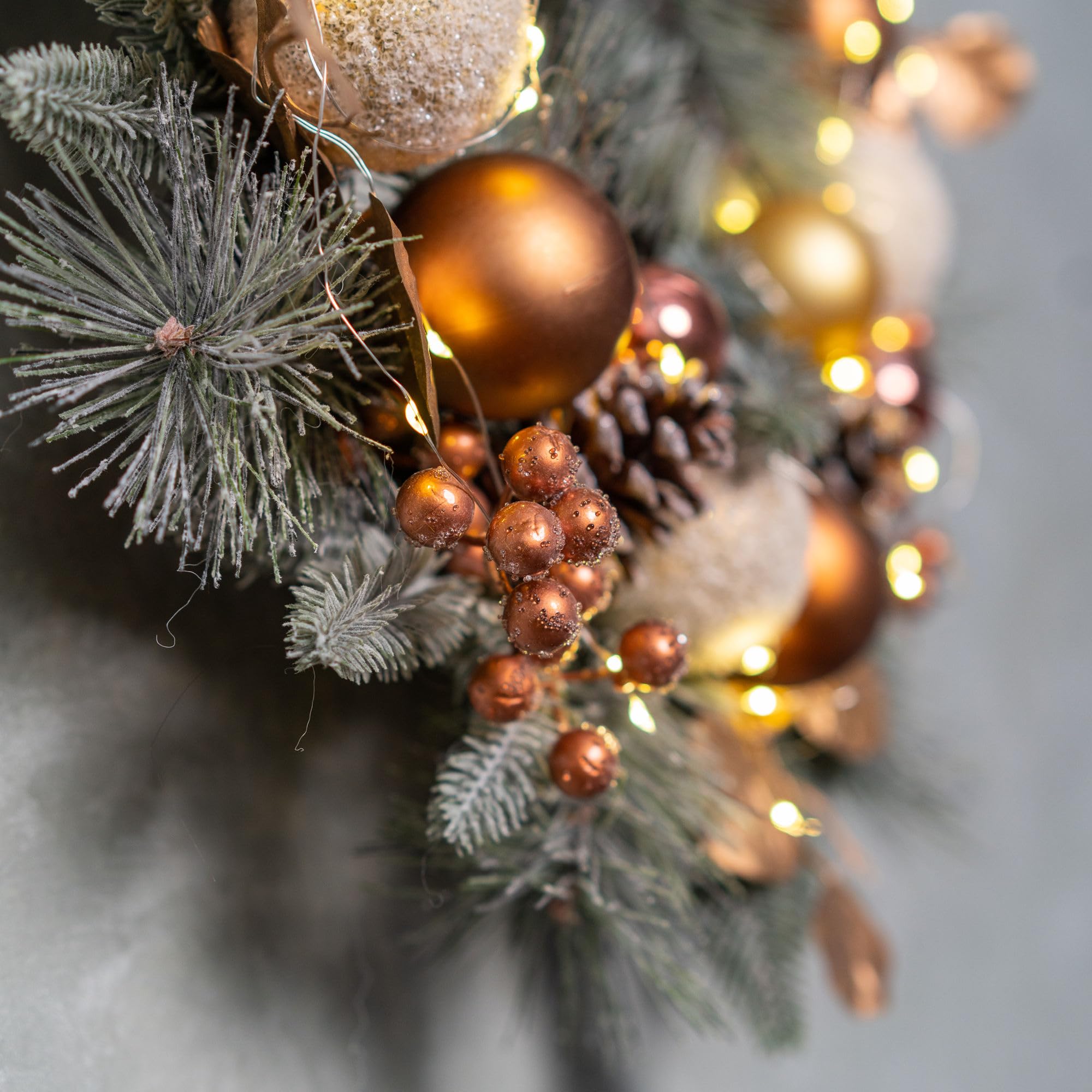 YULETIME wreath used on tabletop vignette adding instant seasonal charm