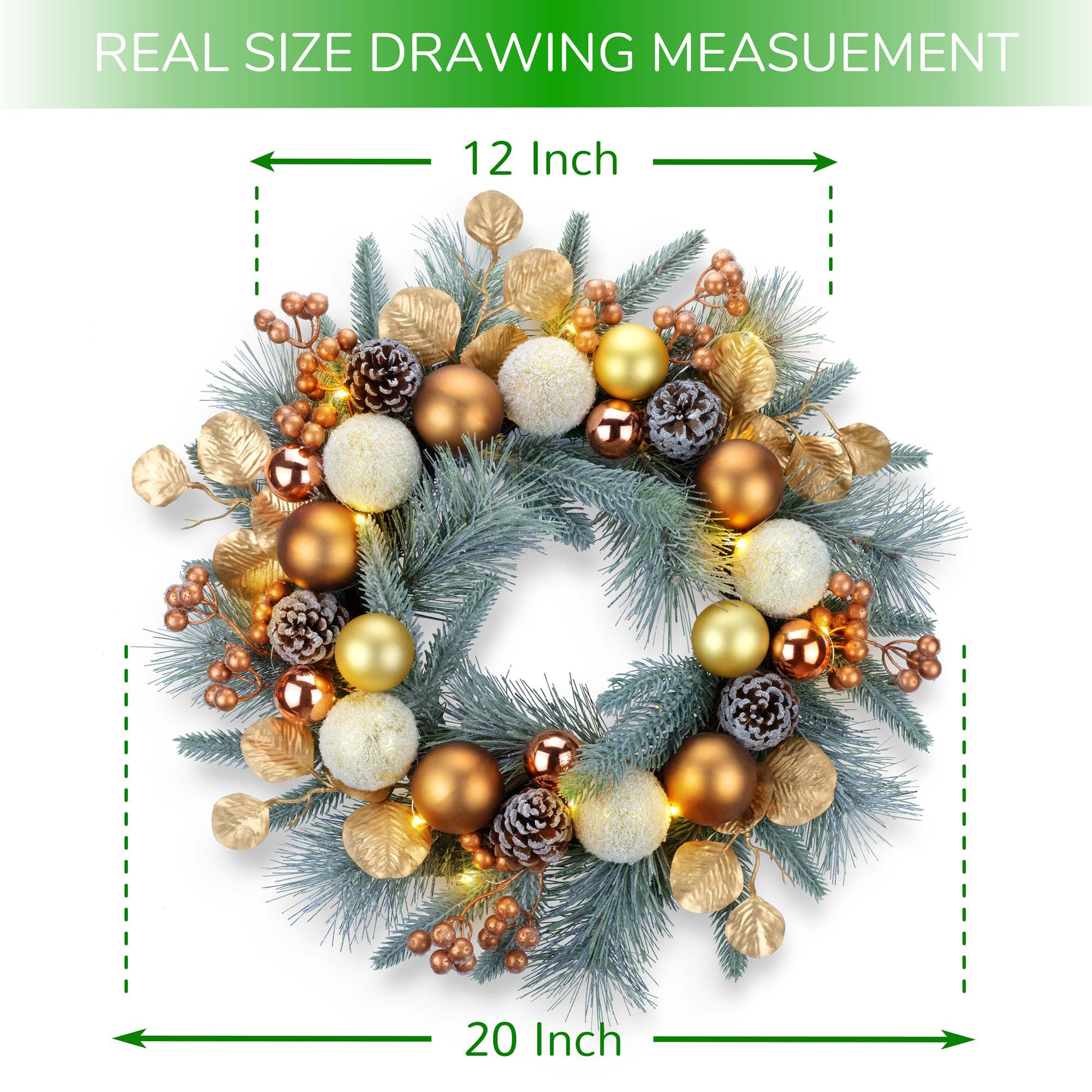 YULETIME pre-lit wreath glowing on a front door creating warm holiday welcome