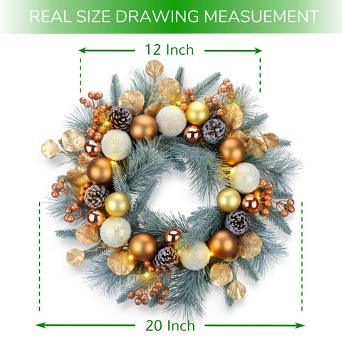 YULETIME pre-lit wreath glowing on a front door creating warm holiday welcome