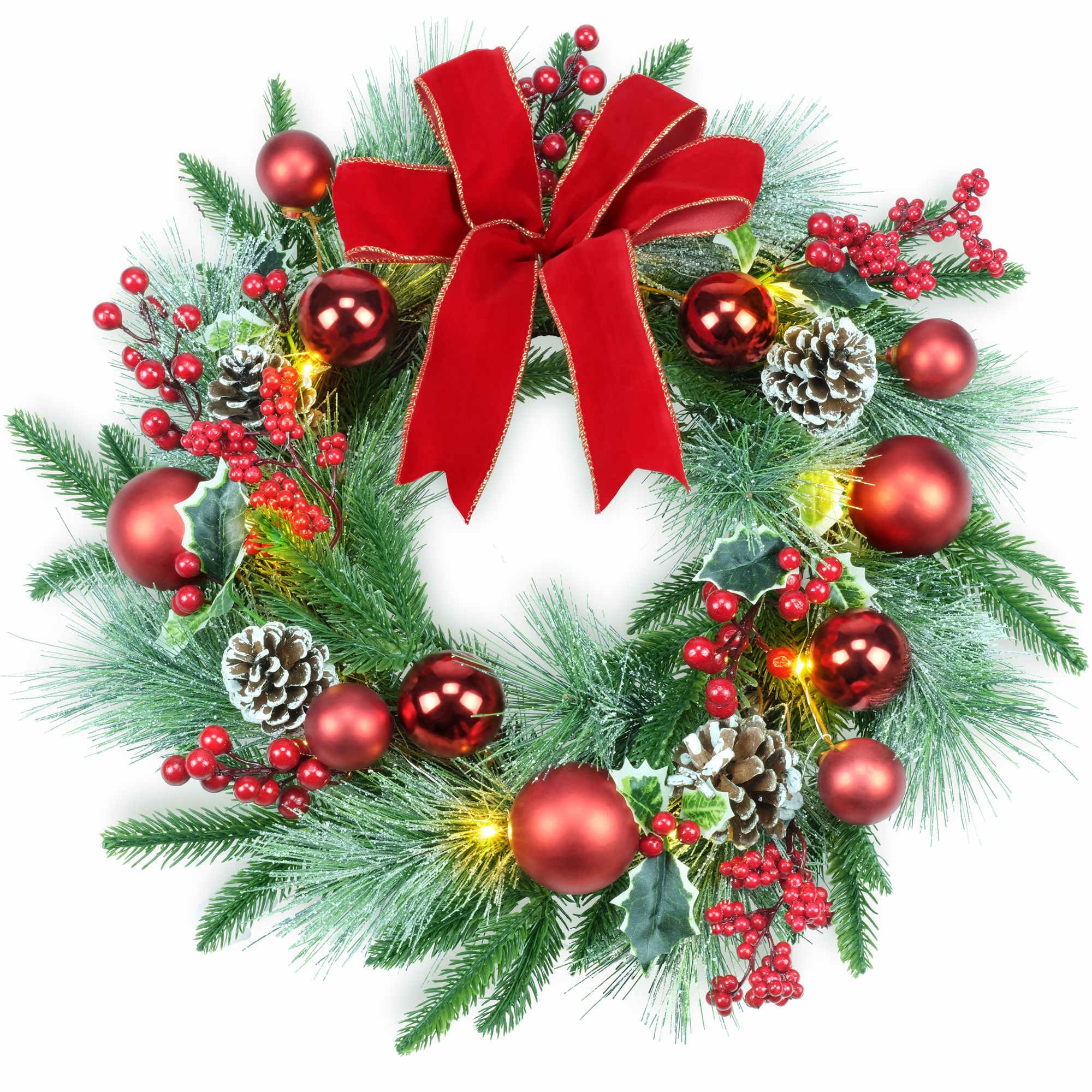 YULETIME wreath front view showing festive red bow and warm glow