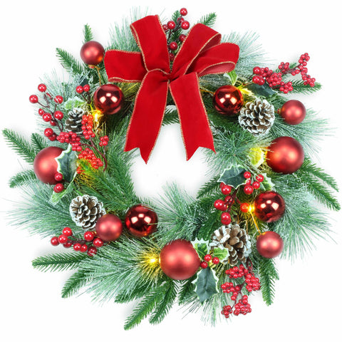 YULETIME wreath front view showing festive red bow and warm glow