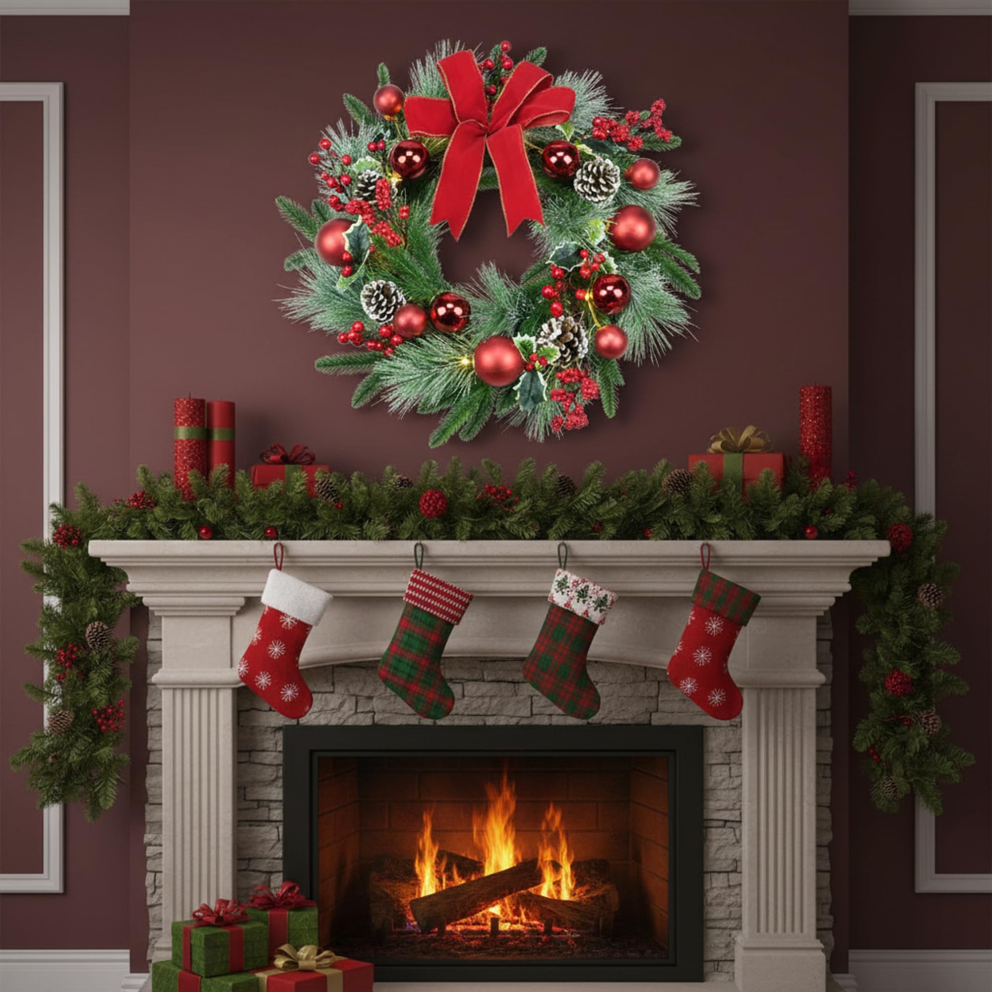YULETIME wreath lit on porch creating welcoming holiday ambiance