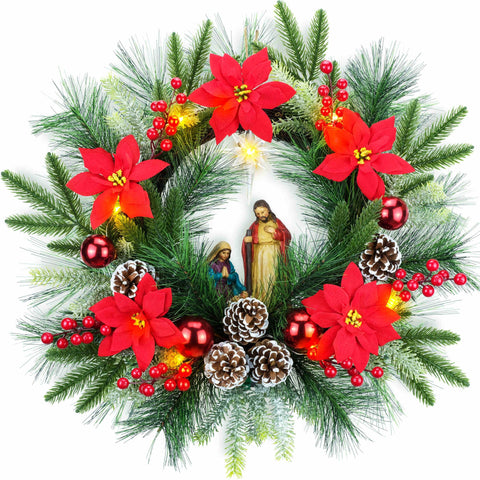 YULETIME wreath front view showing full nativity scene and warm glow