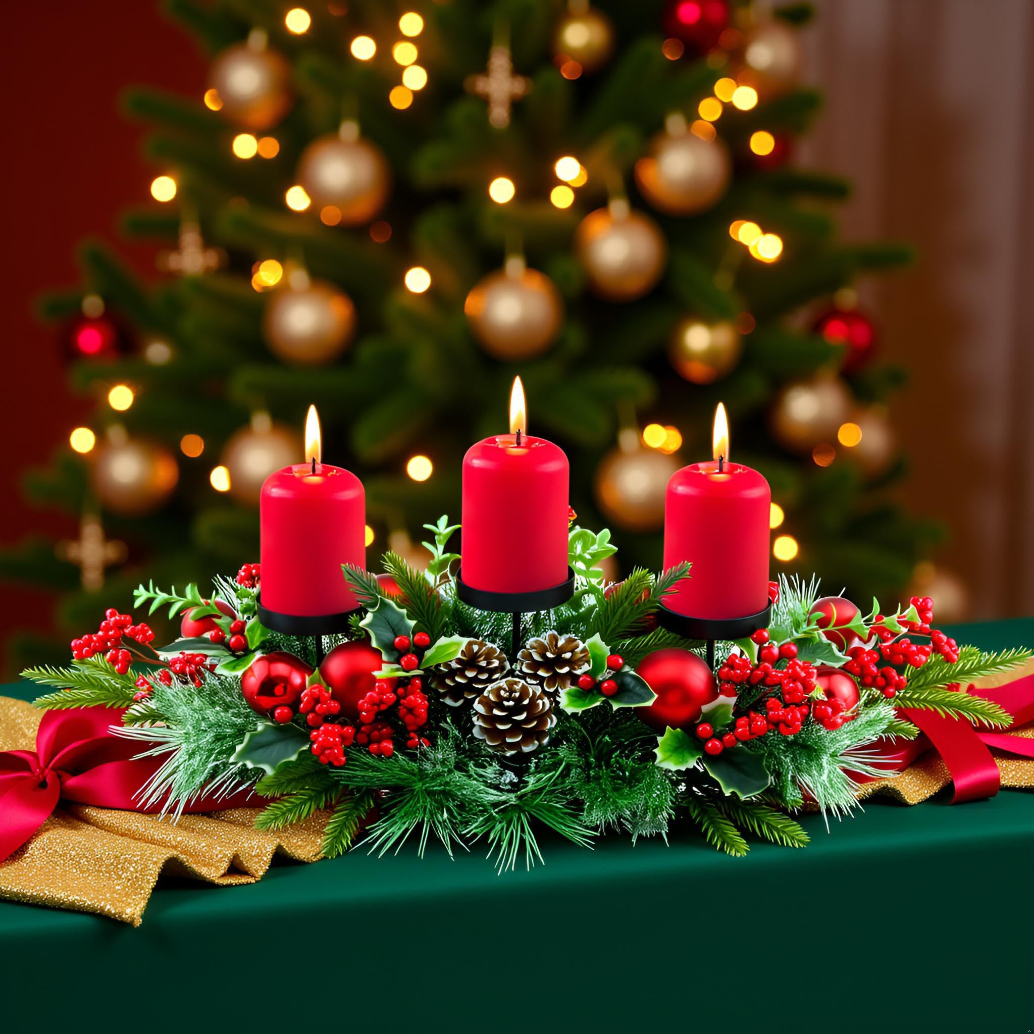 YULETIME close-up of red baubles and pine cones highlighting textured holiday detail