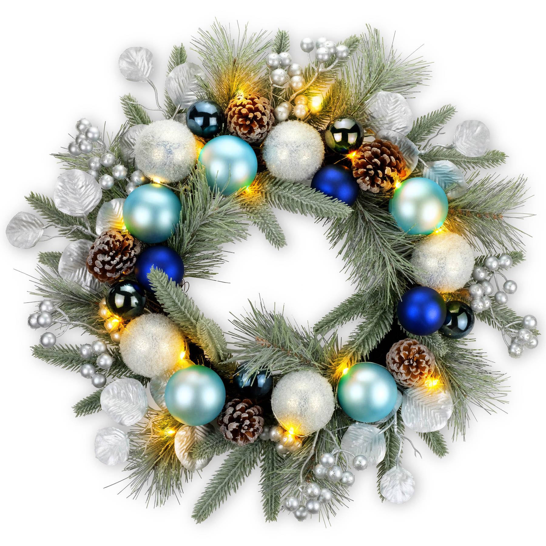 YULETIME front view wreath with blue baubles creating welcoming curb appeal