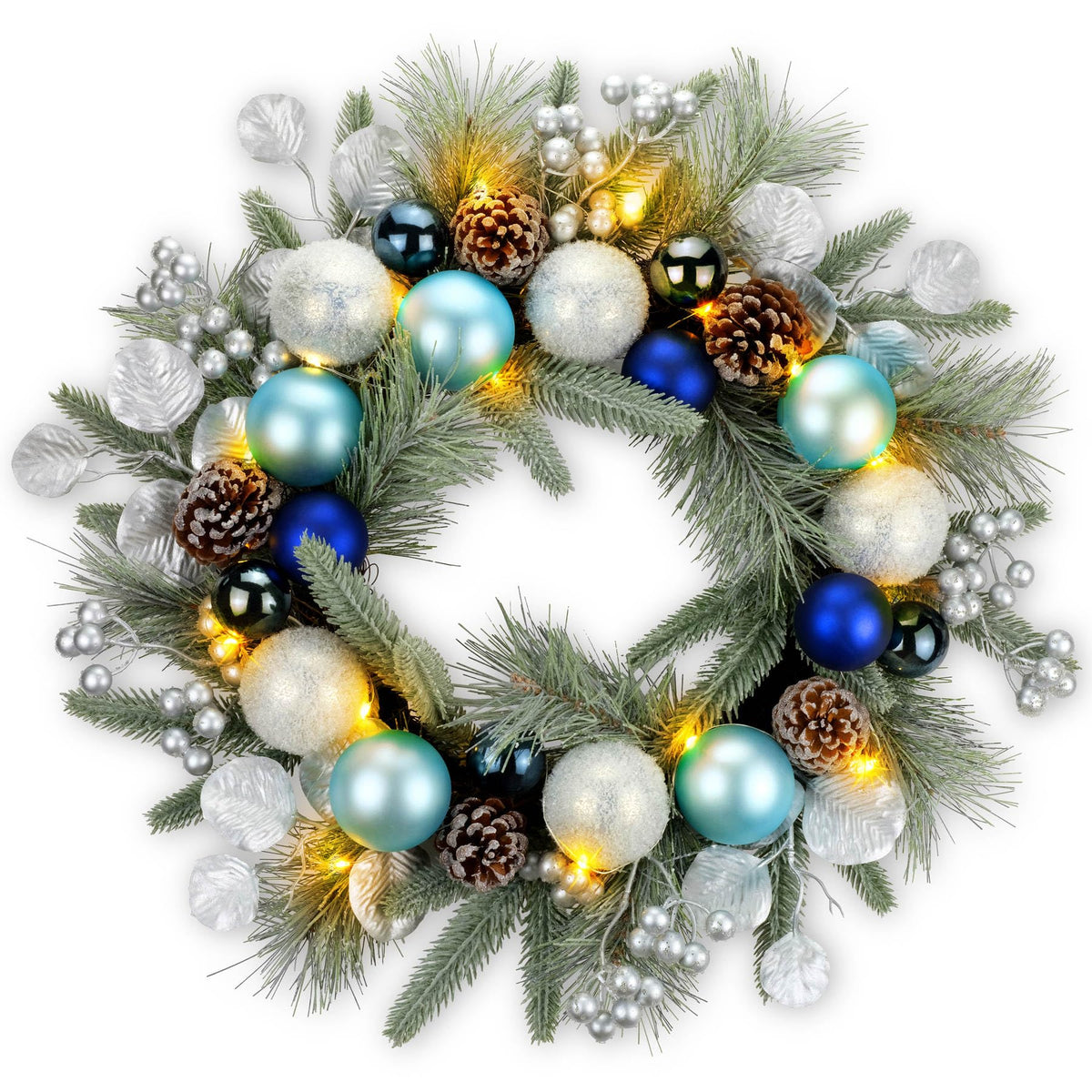 YULETIME front view wreath with blue baubles creating welcoming curb appeal