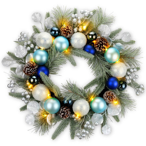 YULETIME front view wreath with blue baubles creating welcoming curb appeal