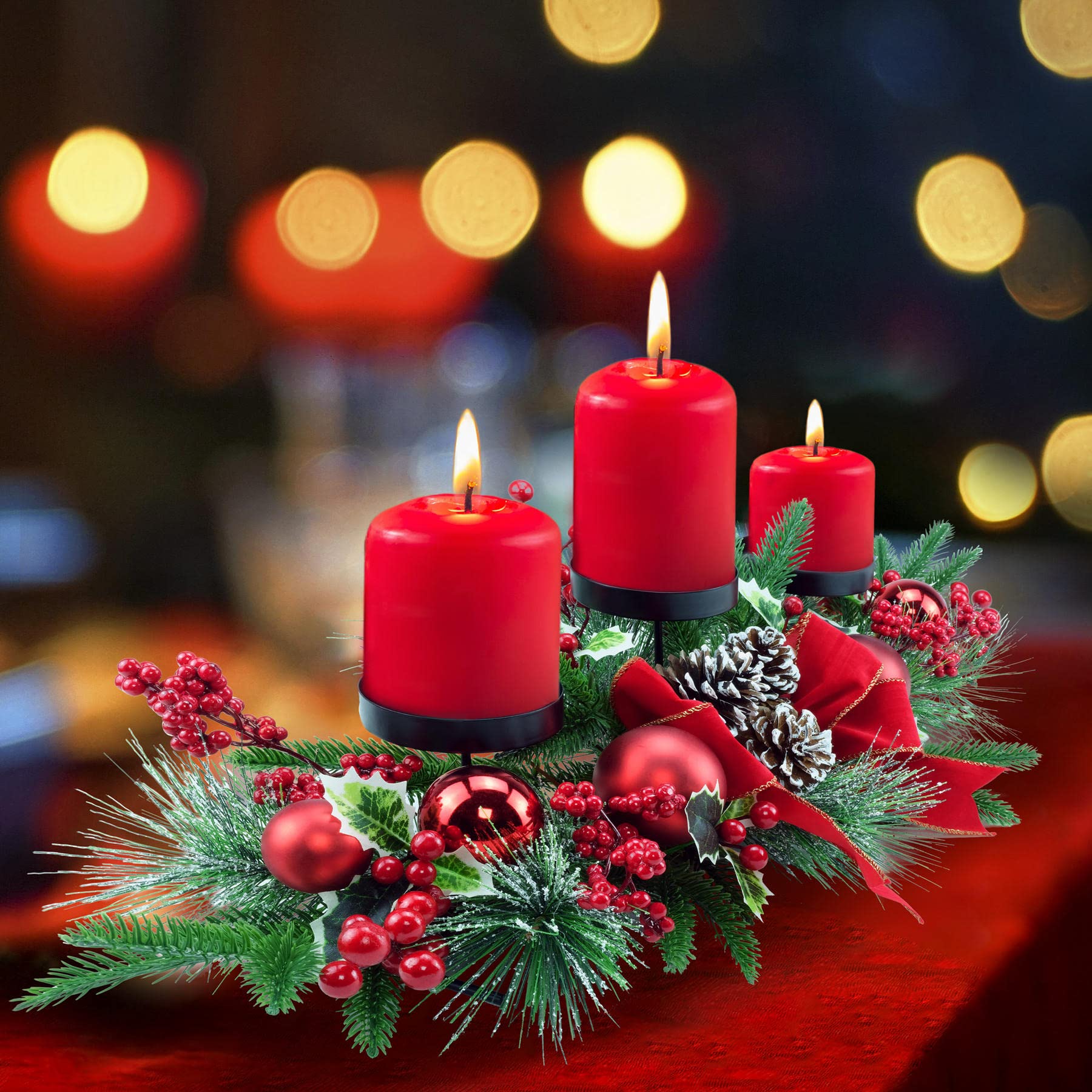 YULETIME front view of candelabrum showing festive centerpiece and balance benefit