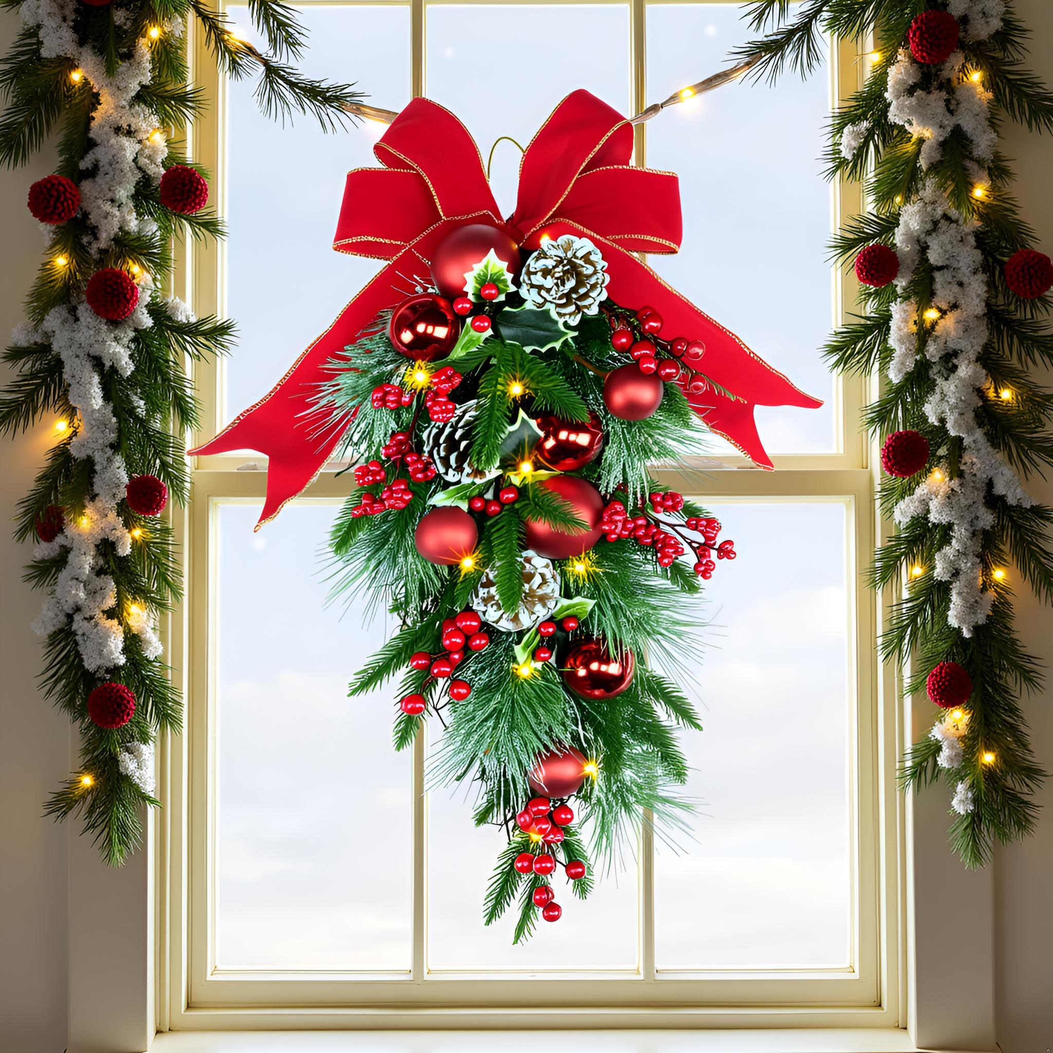YULETIME swag hung on a front door demonstrating easy installation and curb charm