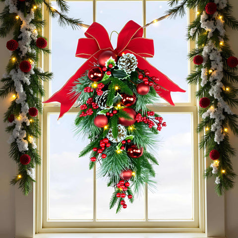 YULETIME swag hung on a front door demonstrating easy installation and curb charm