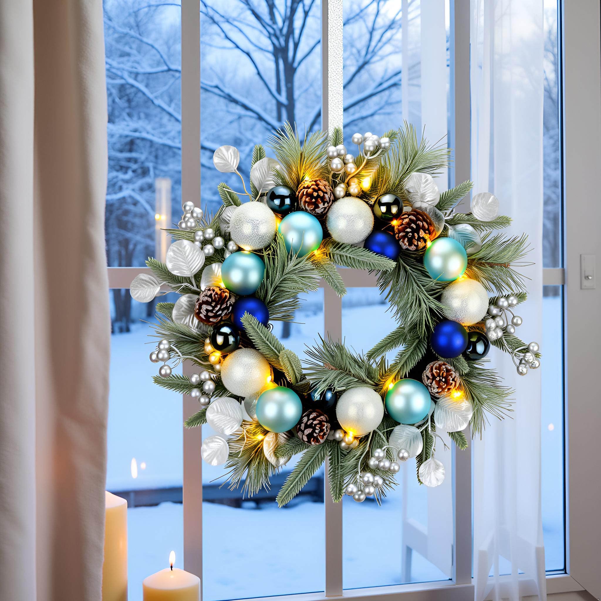 YULETIME pre-lit wreath on front door glowing with warm white LEDs