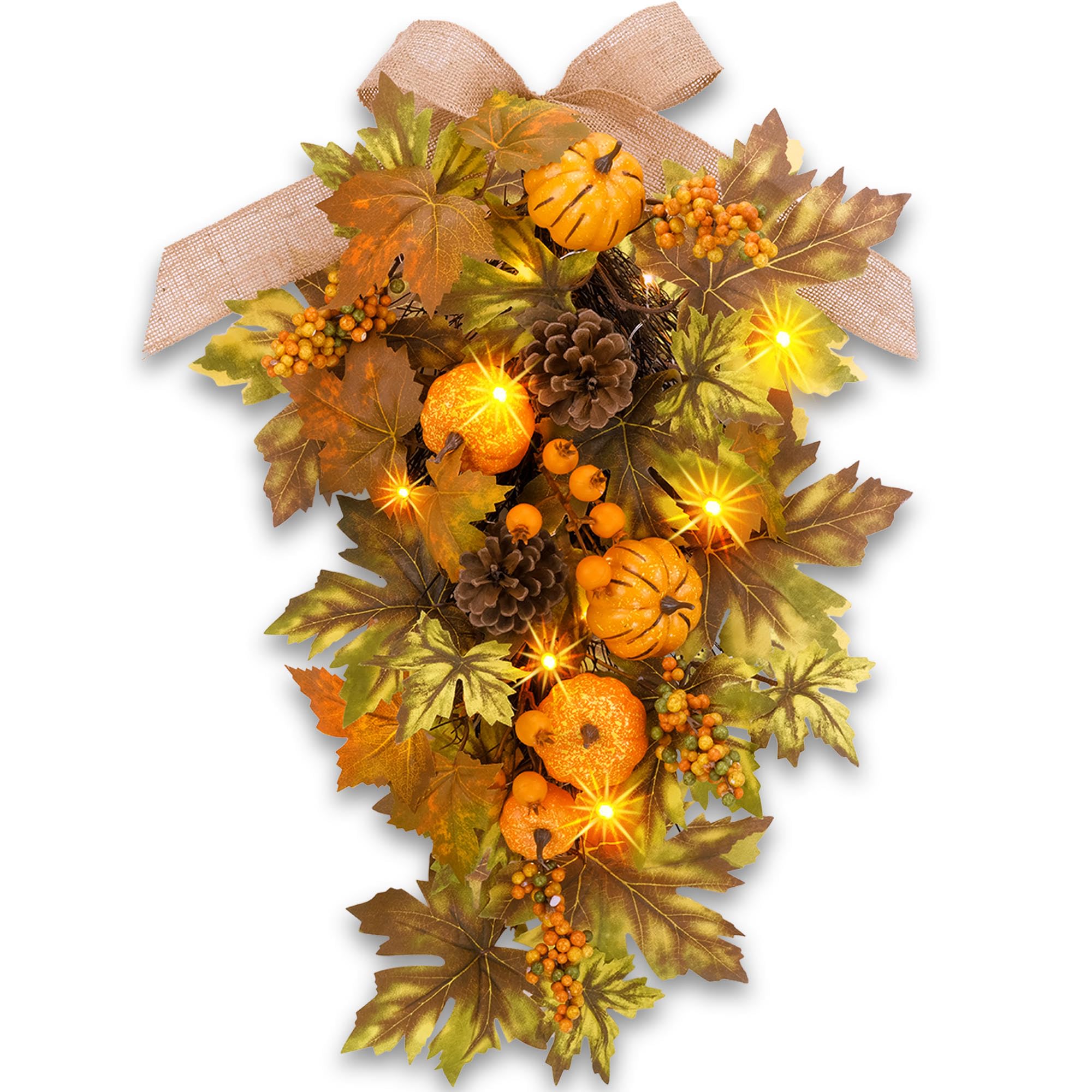 YULETIME front view of teardrop swag showing autumn balance and curb appeal