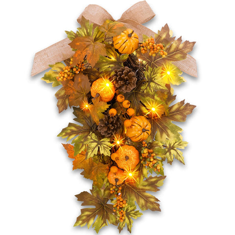YULETIME front view of teardrop swag showing autumn balance and curb appeal