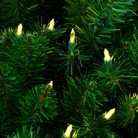 YULETIME warm white LED string closeup showing stay-lit bulbs and safe wiring