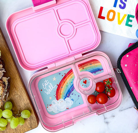Yumbox contents with portion comparison showing 2-cup main and sided wells for balance