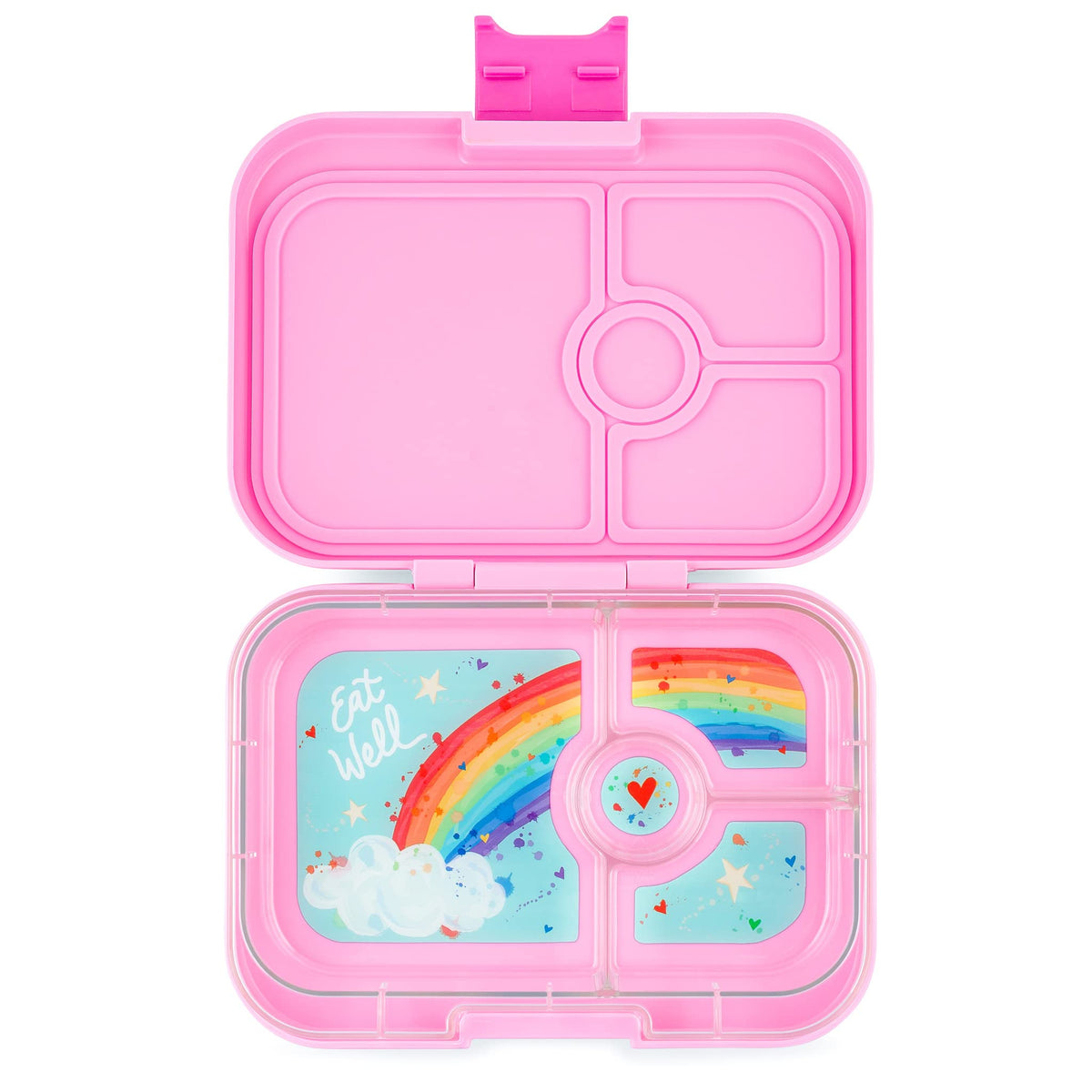 Yumbox front view showing compact colorful power pink rainbow design and portability