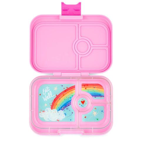 Yumbox front view showing compact colorful power pink rainbow design and portability