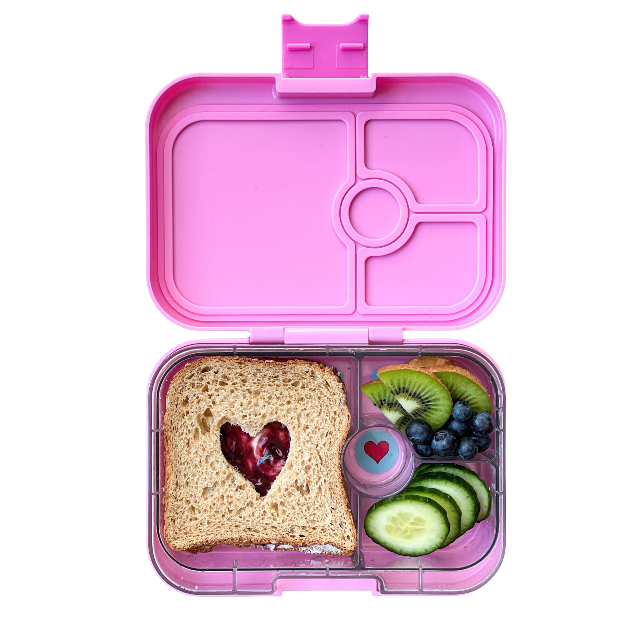 Yumbox tray removed showing four compartments for quick meal prep and separation