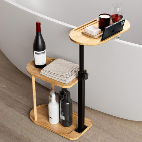 Yumkfoi front view showing freestanding bamboo tray and tidy storage benefit