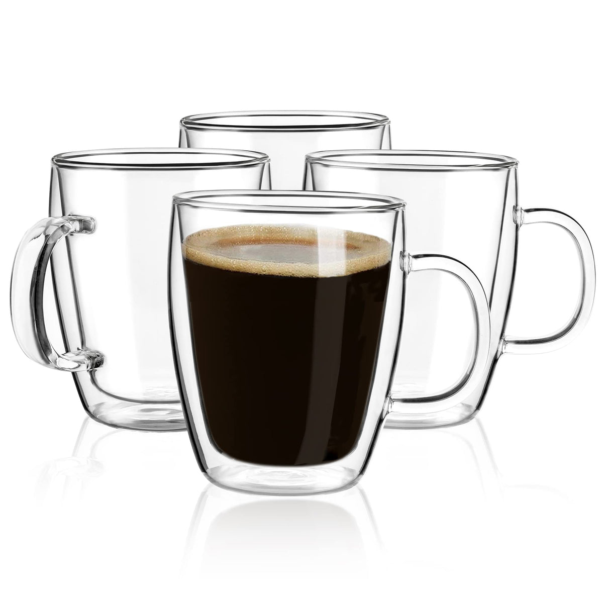 YUNCANG front view of four clear glass mugs showcasing modern style and gift-ready look